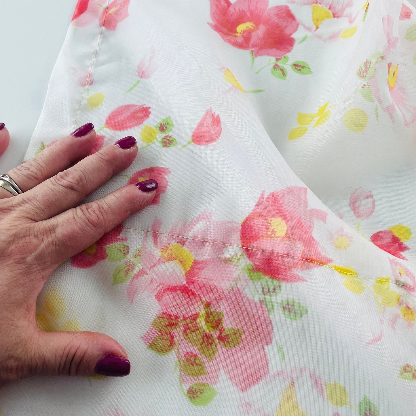 Vintage 70s pleated curtain, sheer pink floral panel