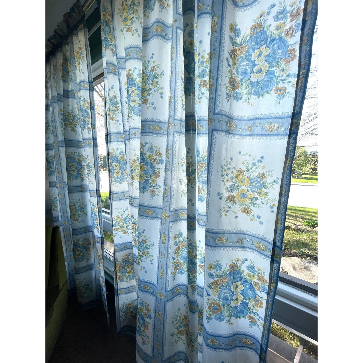 Pair of vintage 70s blue floral curtains panels