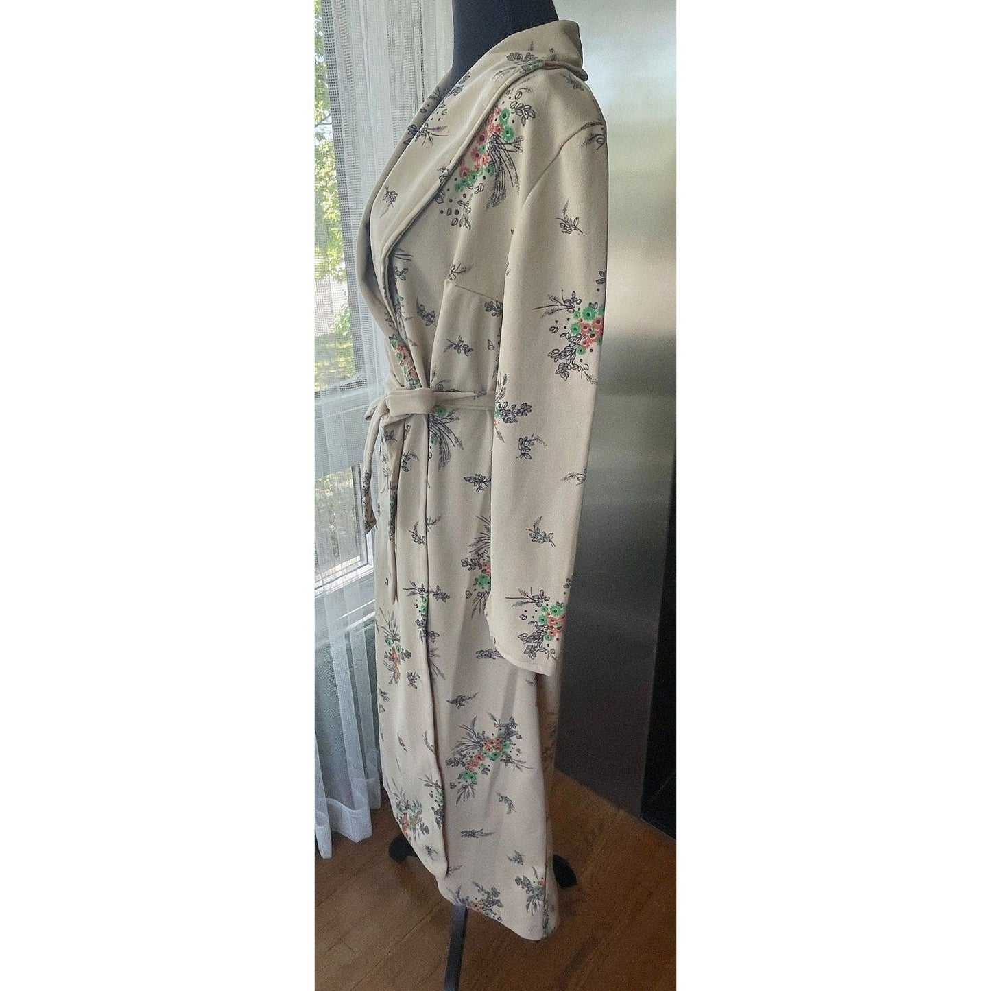 Vintage 70s house dress, light taupe with orange and green floral