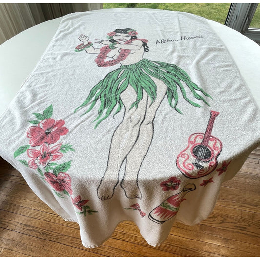 Vintage 70s beach towel, Aloha Hawaii, Hula dancer print