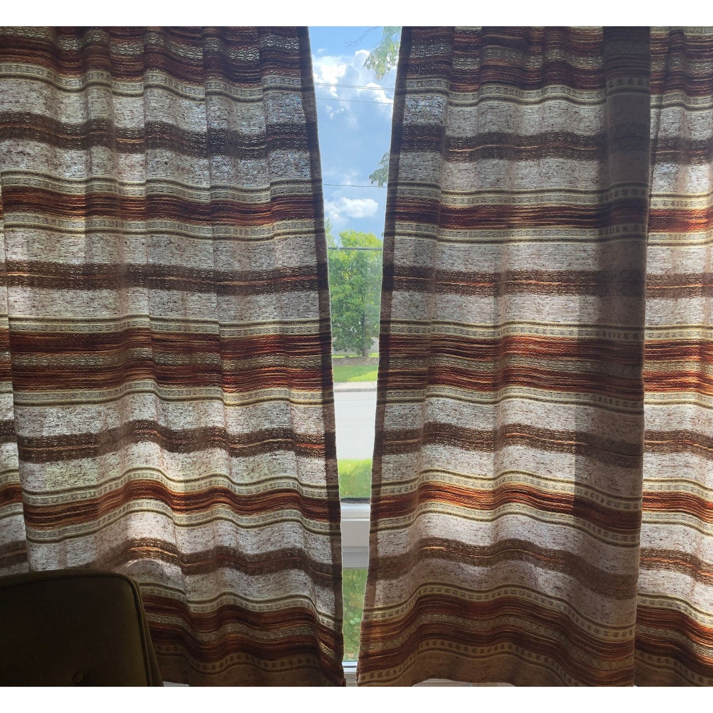 Vintage 70s pleated curtains, brown stripes
