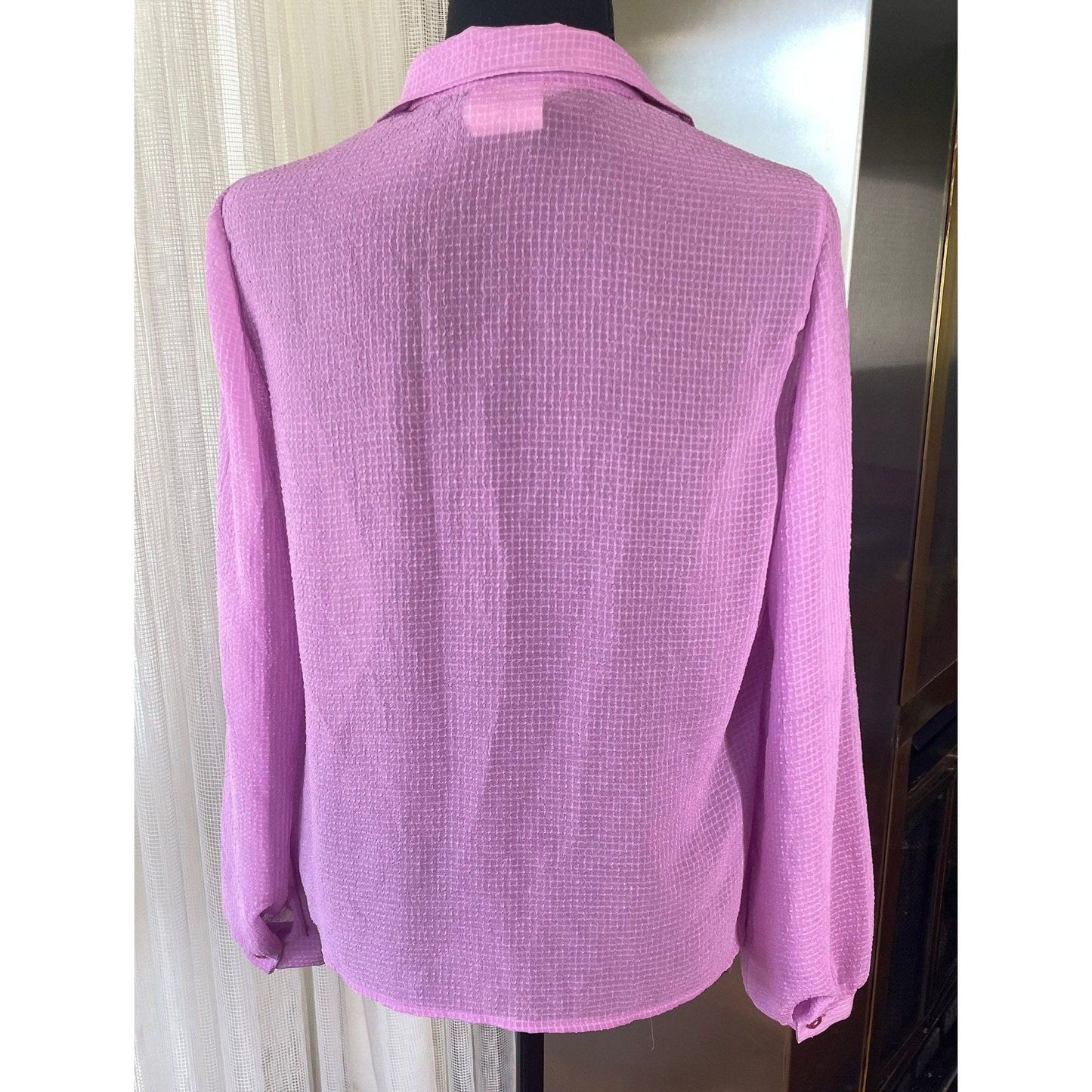 Vintage 80s sheer blouse, pink textured, long sleeves