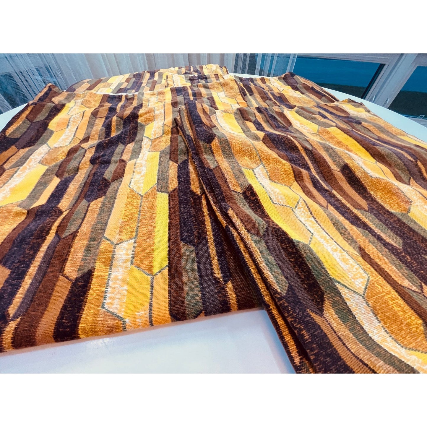 Vintage 70s pleated curtain, orange brown geometric pattern