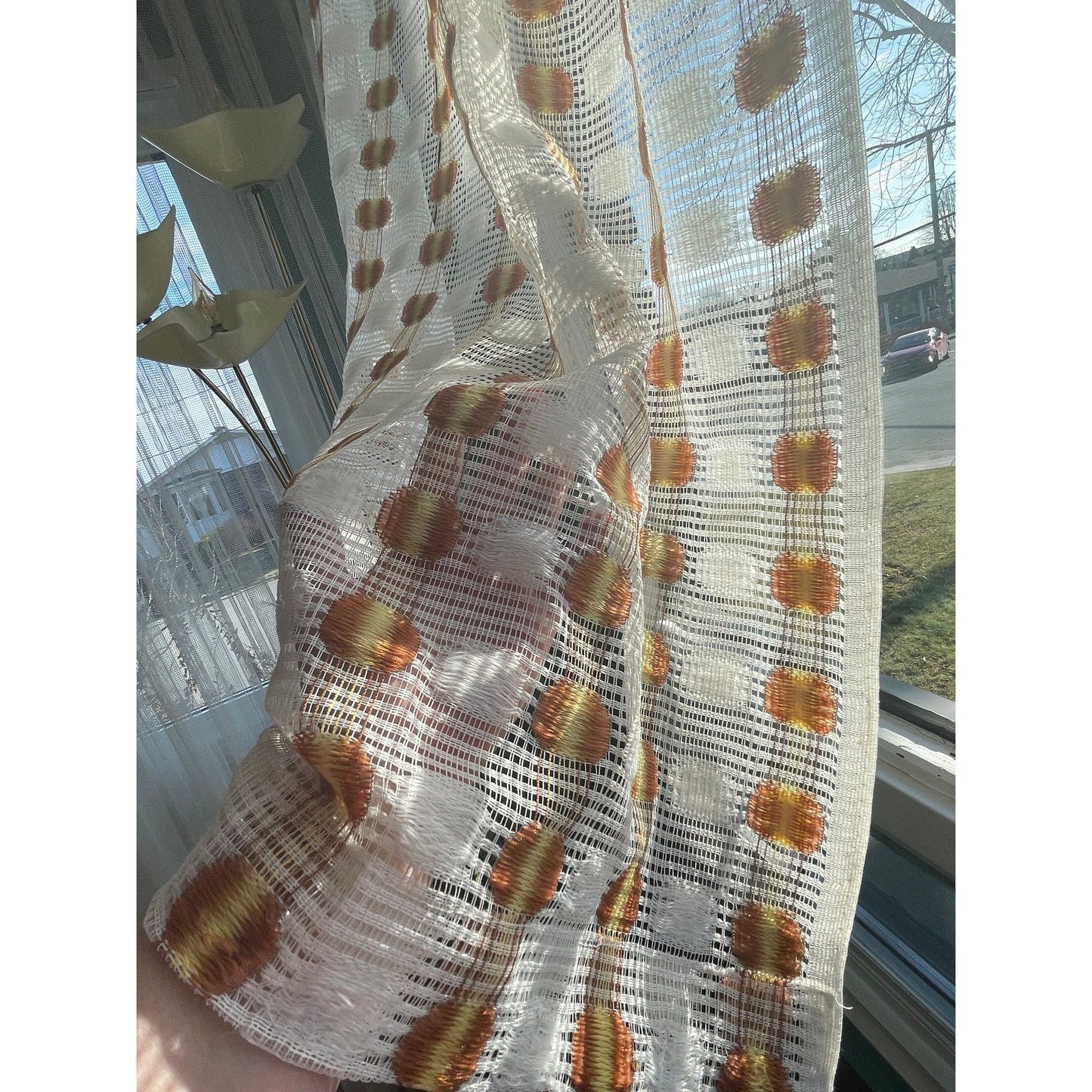 Vintage 70s curtain, orange yellow geometric pattern, mesh panel