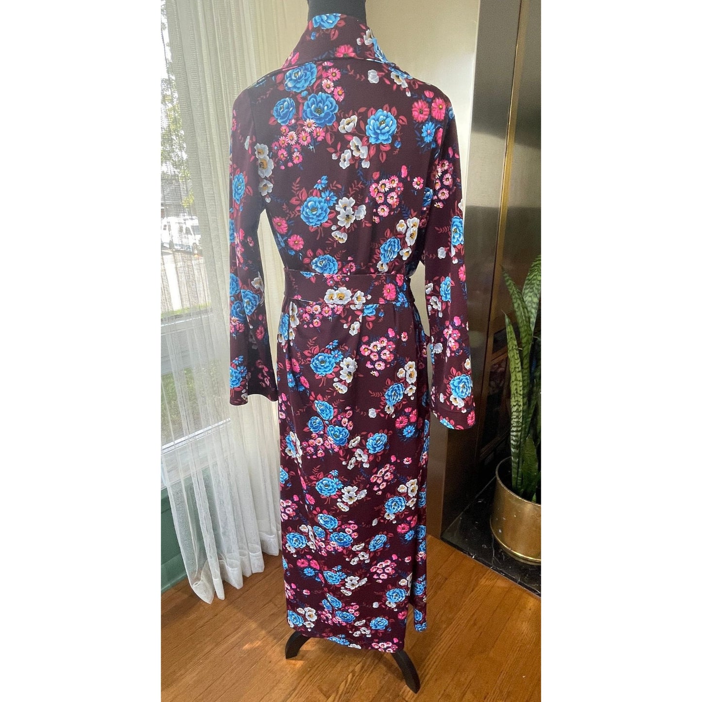 Vintage 70s house dress, burgundy red, blue and pink large flowers