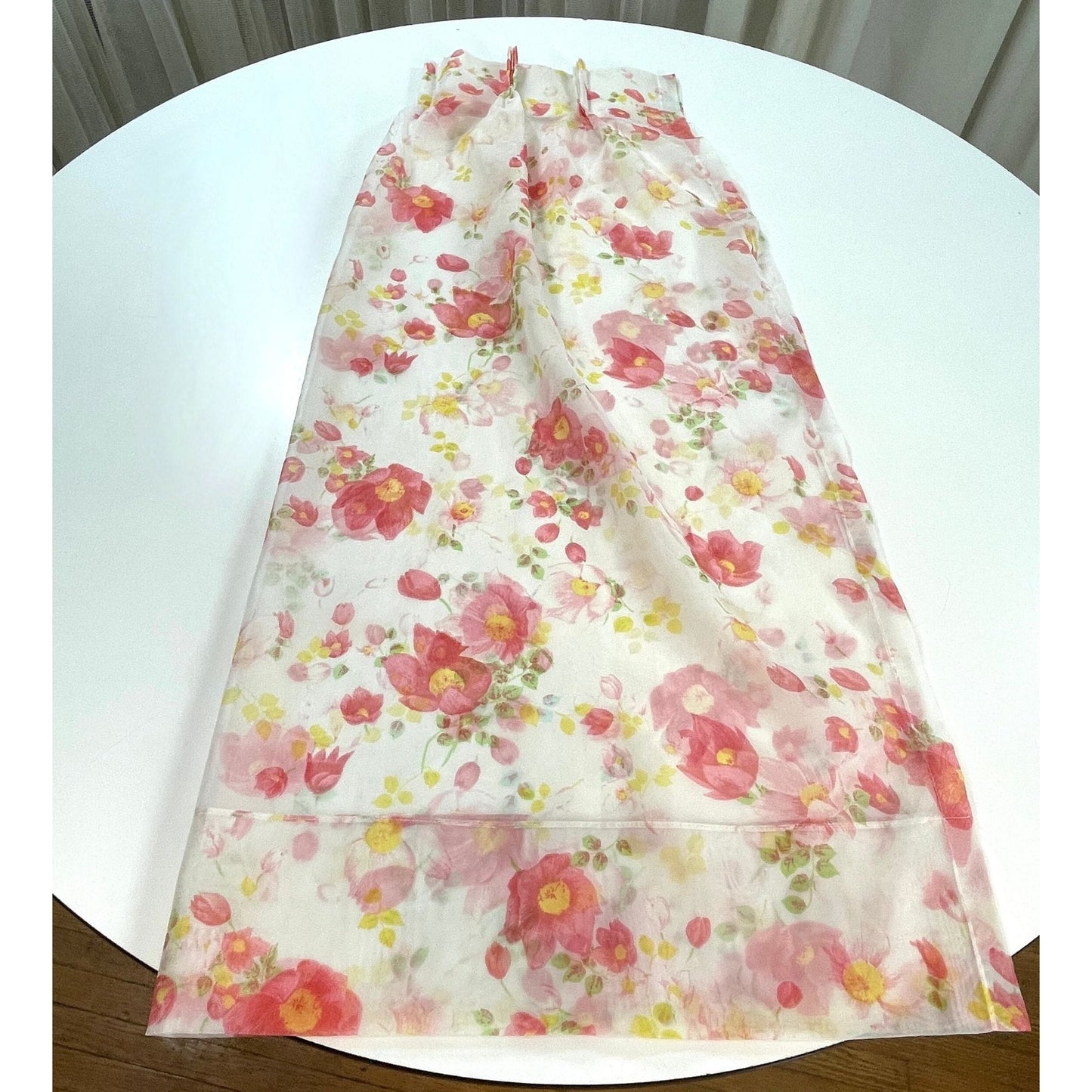 Vintage 70s pleated curtain, pink floral, sheer panel