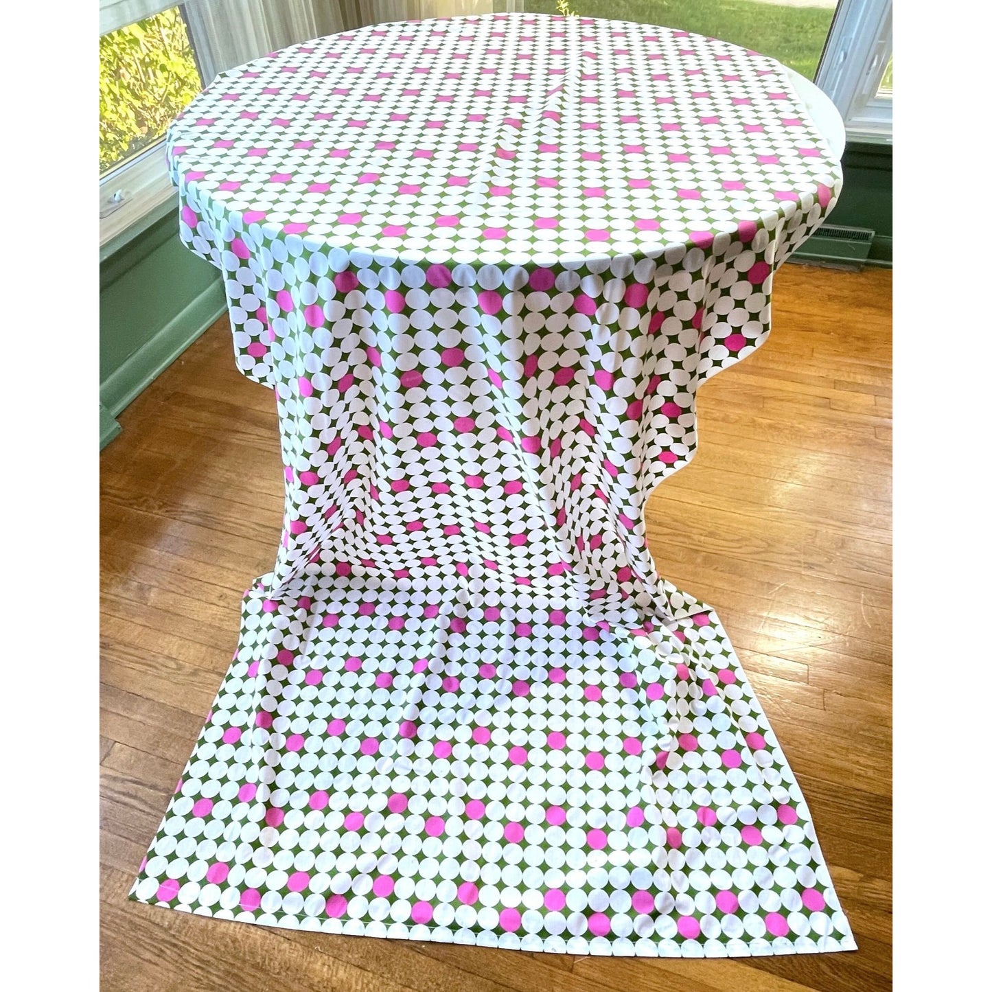 Vintage 70s curtain panels, hot pink and green geometric pattern