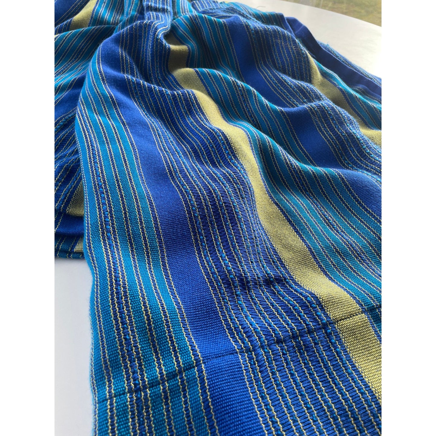 Vintage 70s pleated curtains, blue stripes, pair