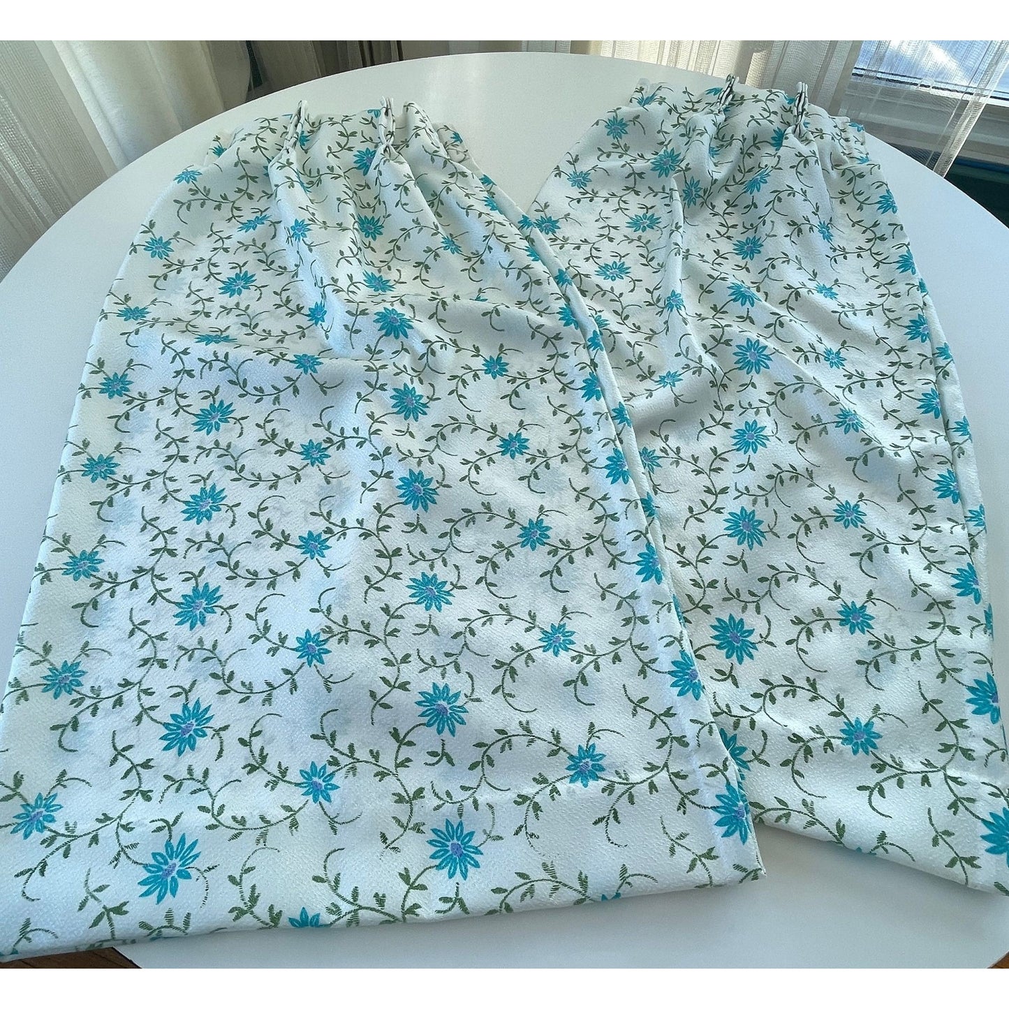 Vintage 60s blue fowers pleated curtains panels