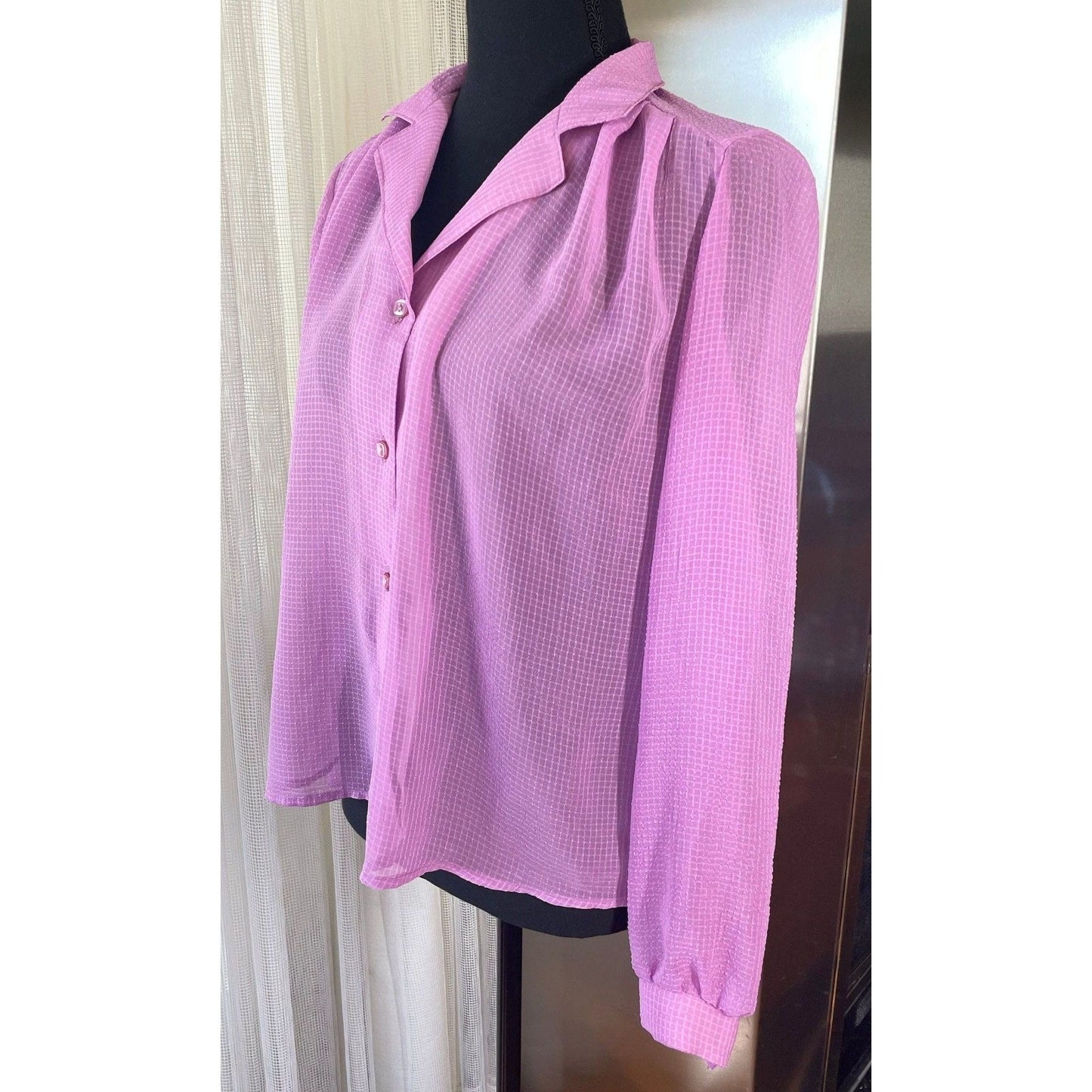 Vintage 80s sheer blouse, pink textured, long sleeves