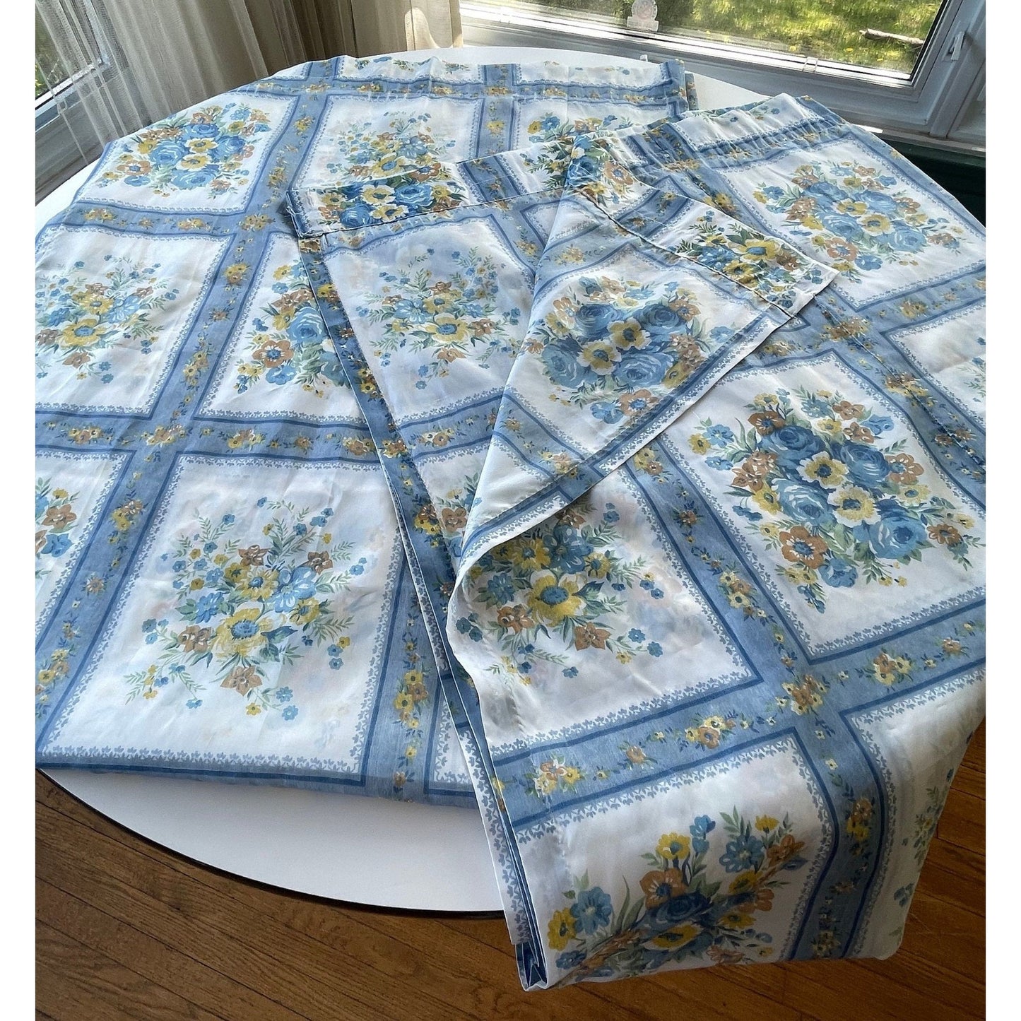 Pair of vintage 70s blue floral curtains panels