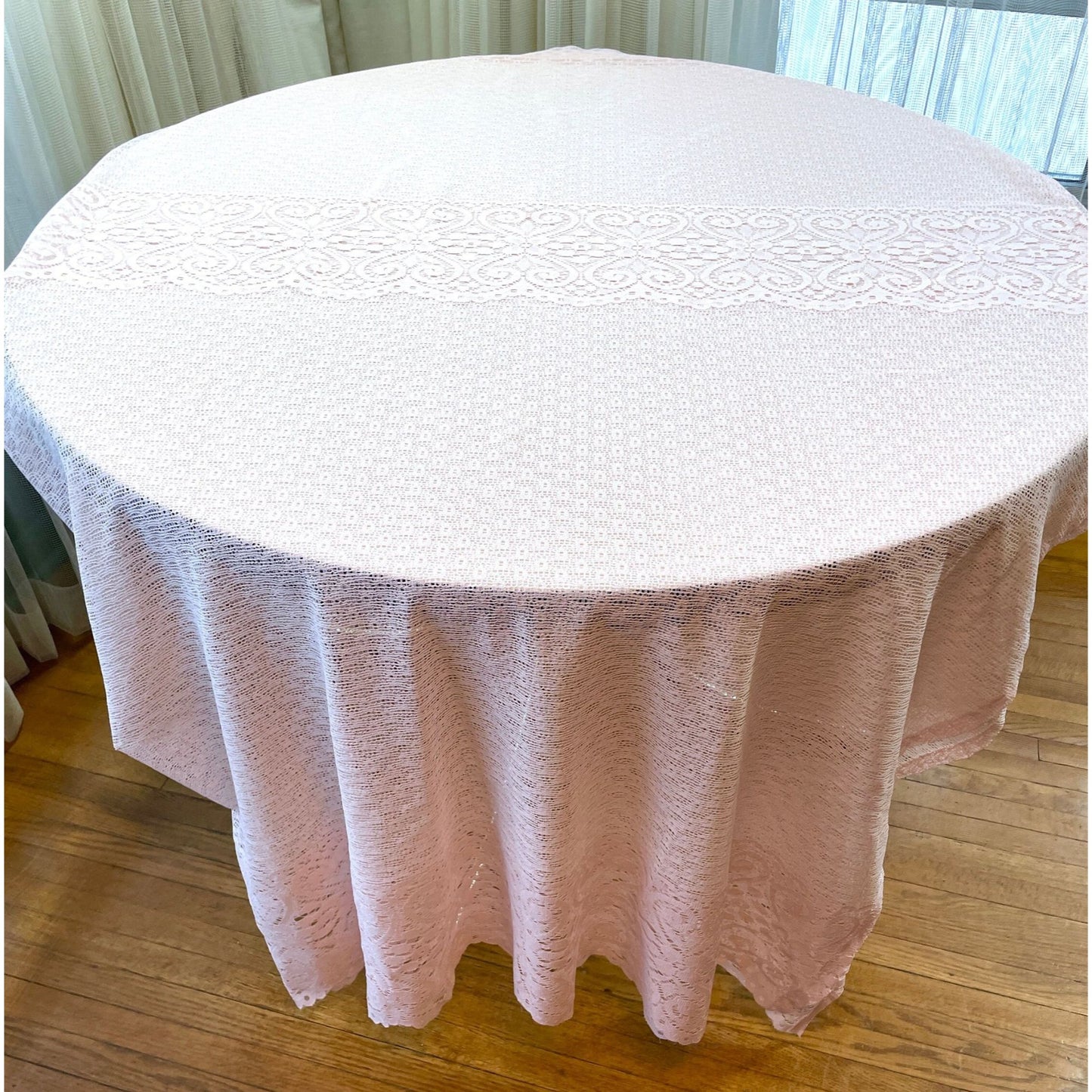 Vintage curtain, pink machine made lace sheer panel