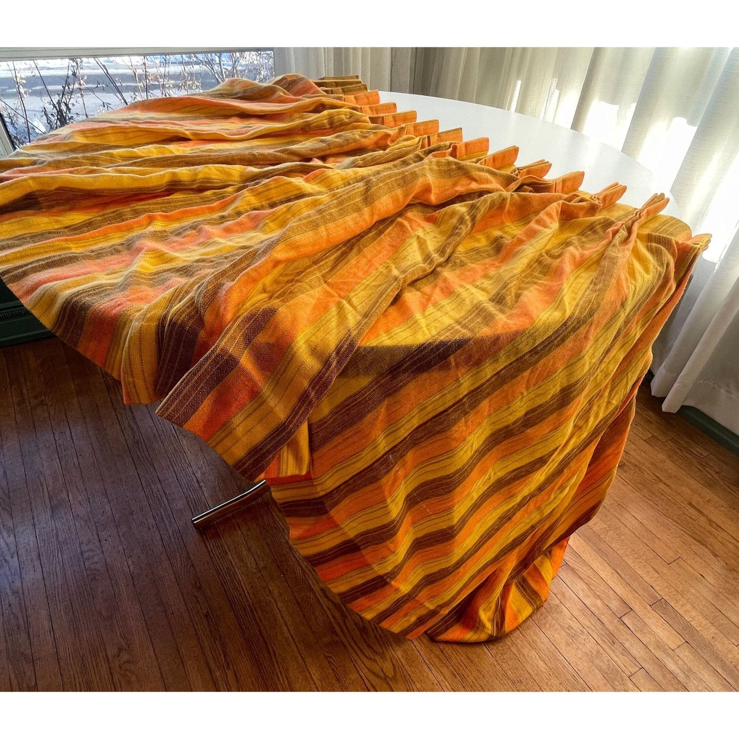Vintage 70s pleated curtain, orange yellow stripes