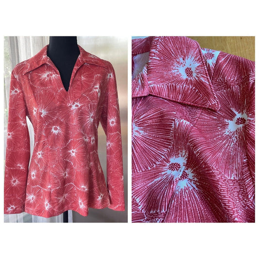 Vintage 70s top, red and white abstract floral pattern, long sleeves