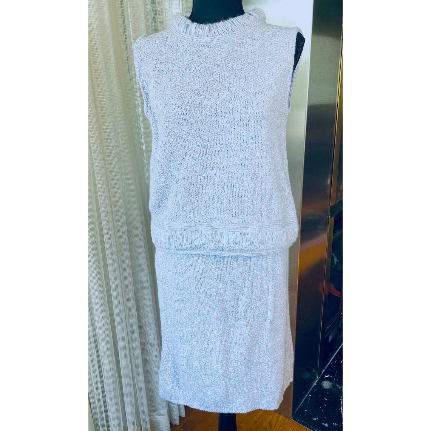 Vintage 60s two pieces set, pink and blue, wool top and straight skirt, Lady Anne