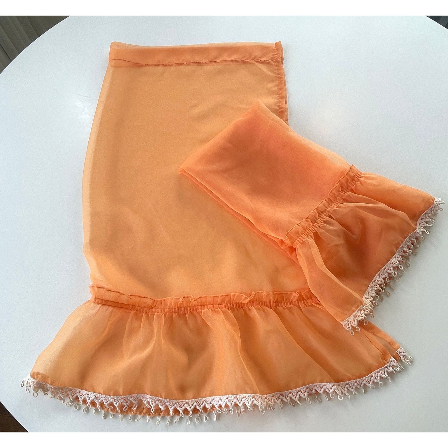 Vintage 70s curtains, pair of orange sheer ruffled panels