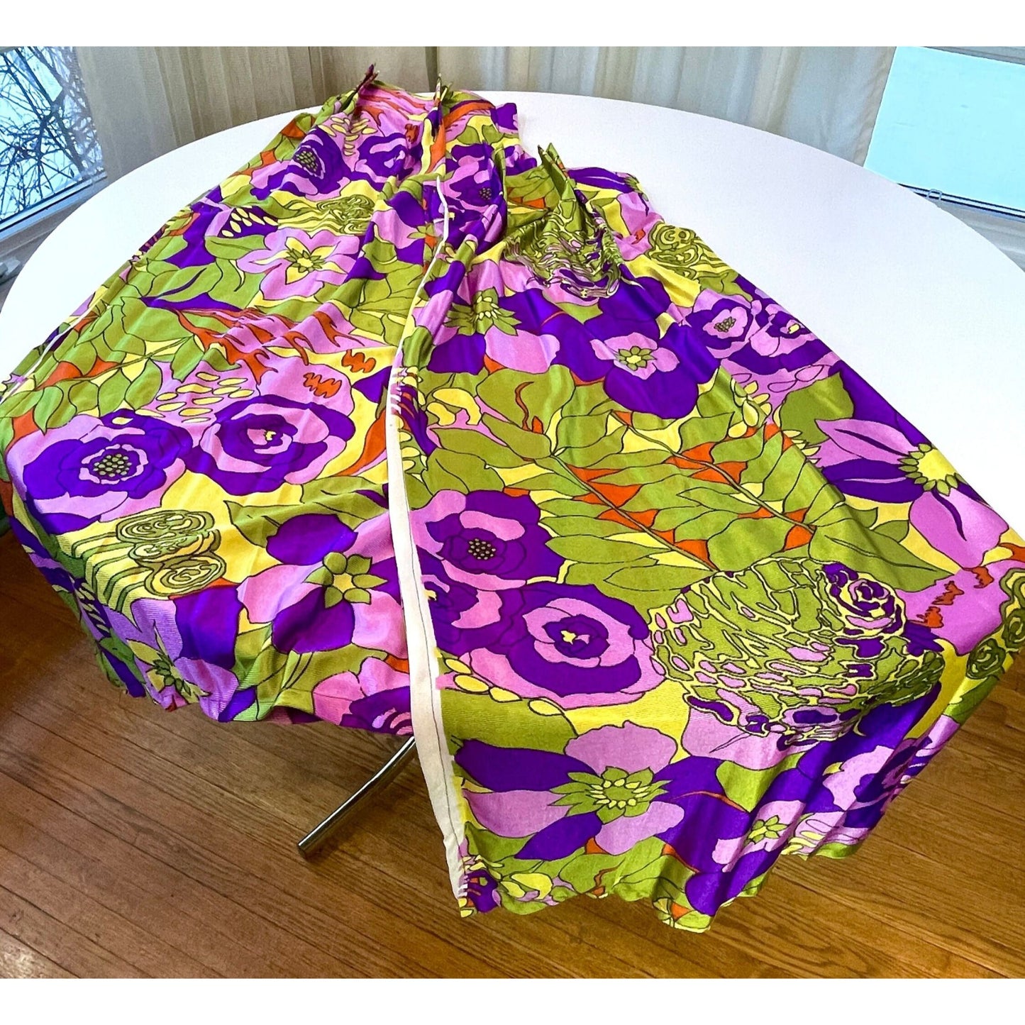 Vintage 70s pleated curtains, green purple abstract pattern