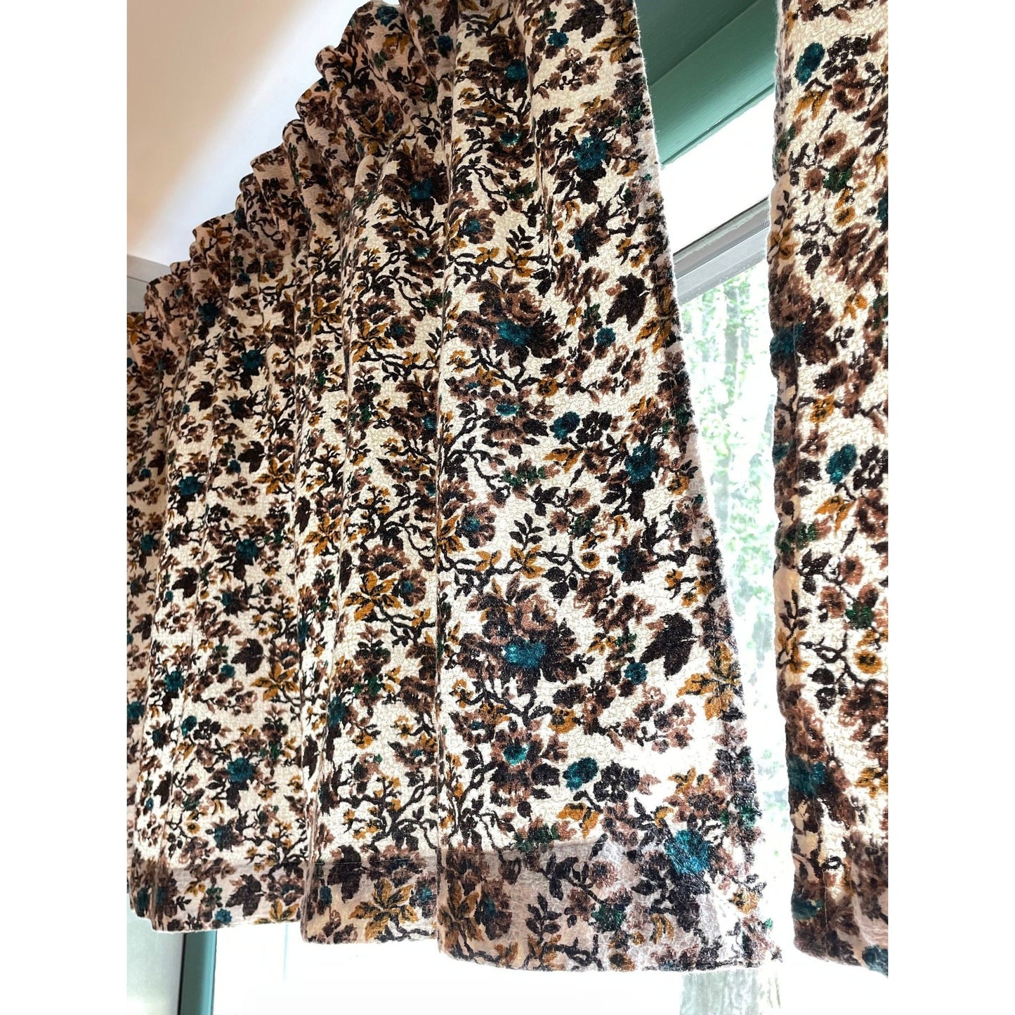 Vintage 60s brown blue floral barkcloth curtain single panel