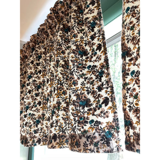 Vintage 60s brown blue floral barkcloth curtain single panel