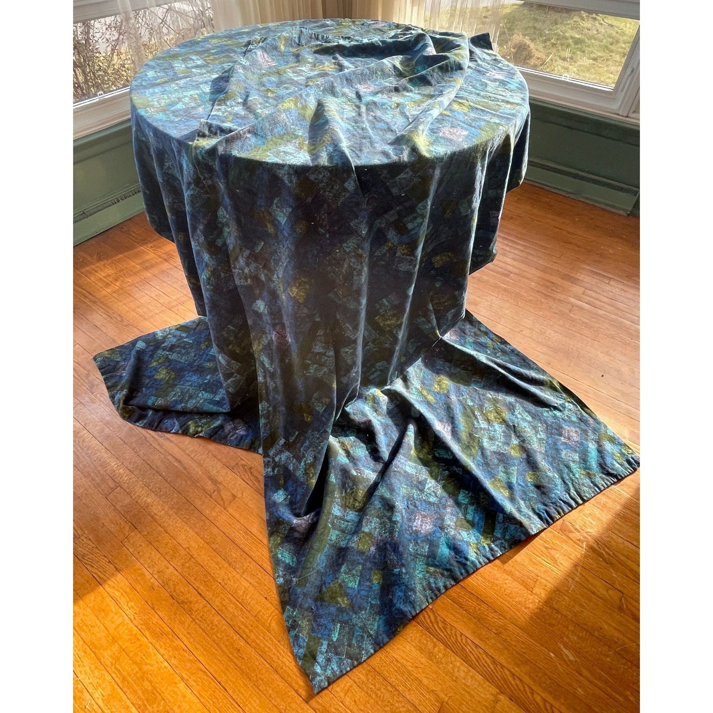 Vintage 70s pleated curtain, blue, green and purple geometric pattern
