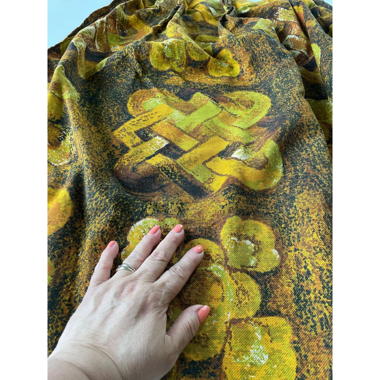 Vintage 60s pleated curtain, MOD orange and brown geometric pattern