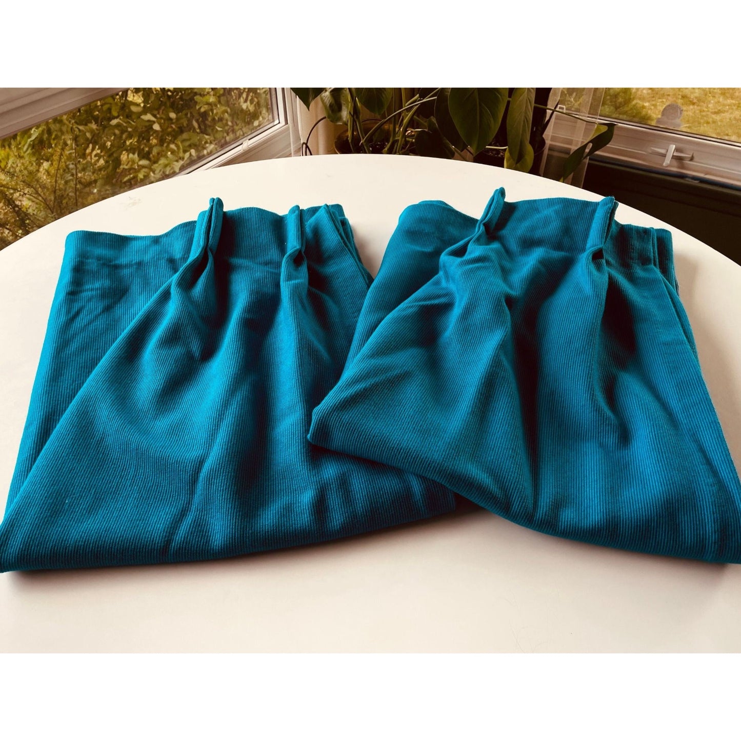 Vintage 70s pleated curtains, pair of blue thick panels, Sears