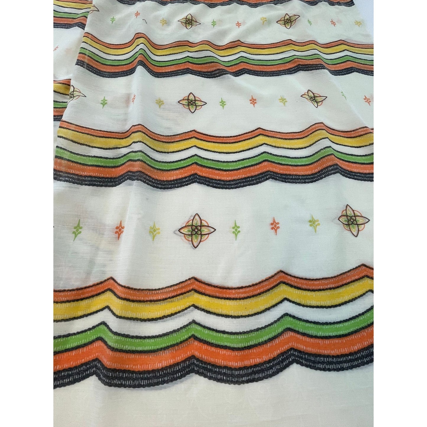 Vintage 60s geometric pattern curtains, orange green and brown