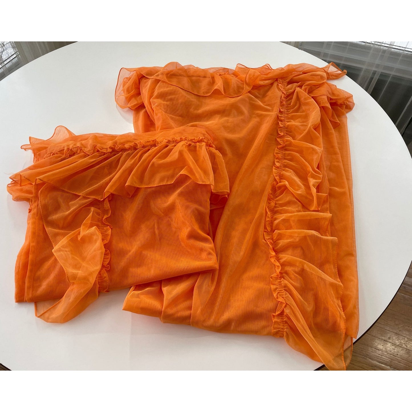 Vintage 70s curtains, orange sheer ruffled panels