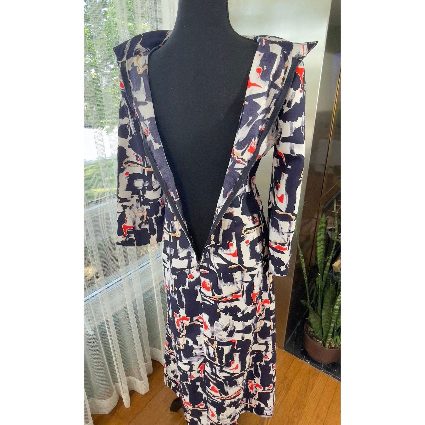 Vintage 70s maxi dress, blue, white and red MOD pattern, long sleeves, front double slit