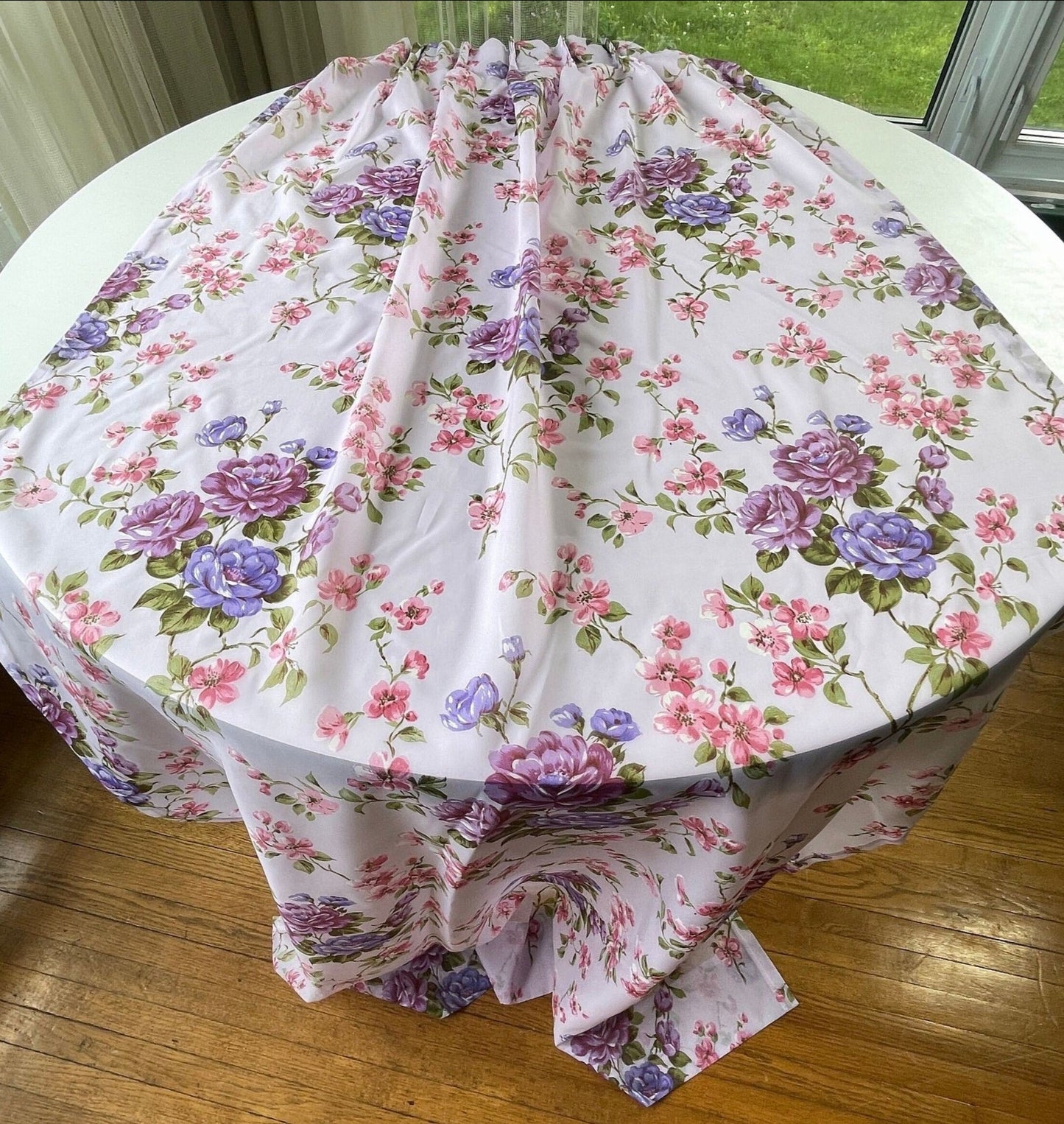 Vintage 60s pleated curtains, purple floral