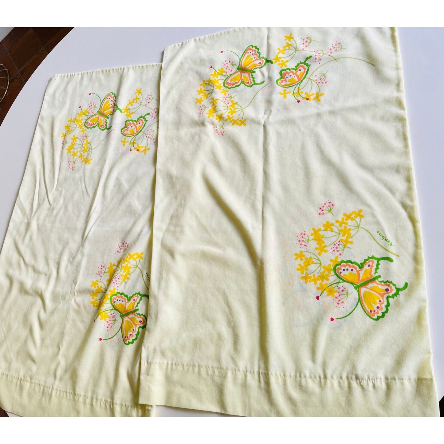Vintage 70s pillowcases, yellow and orange butterflies, TasteMaker