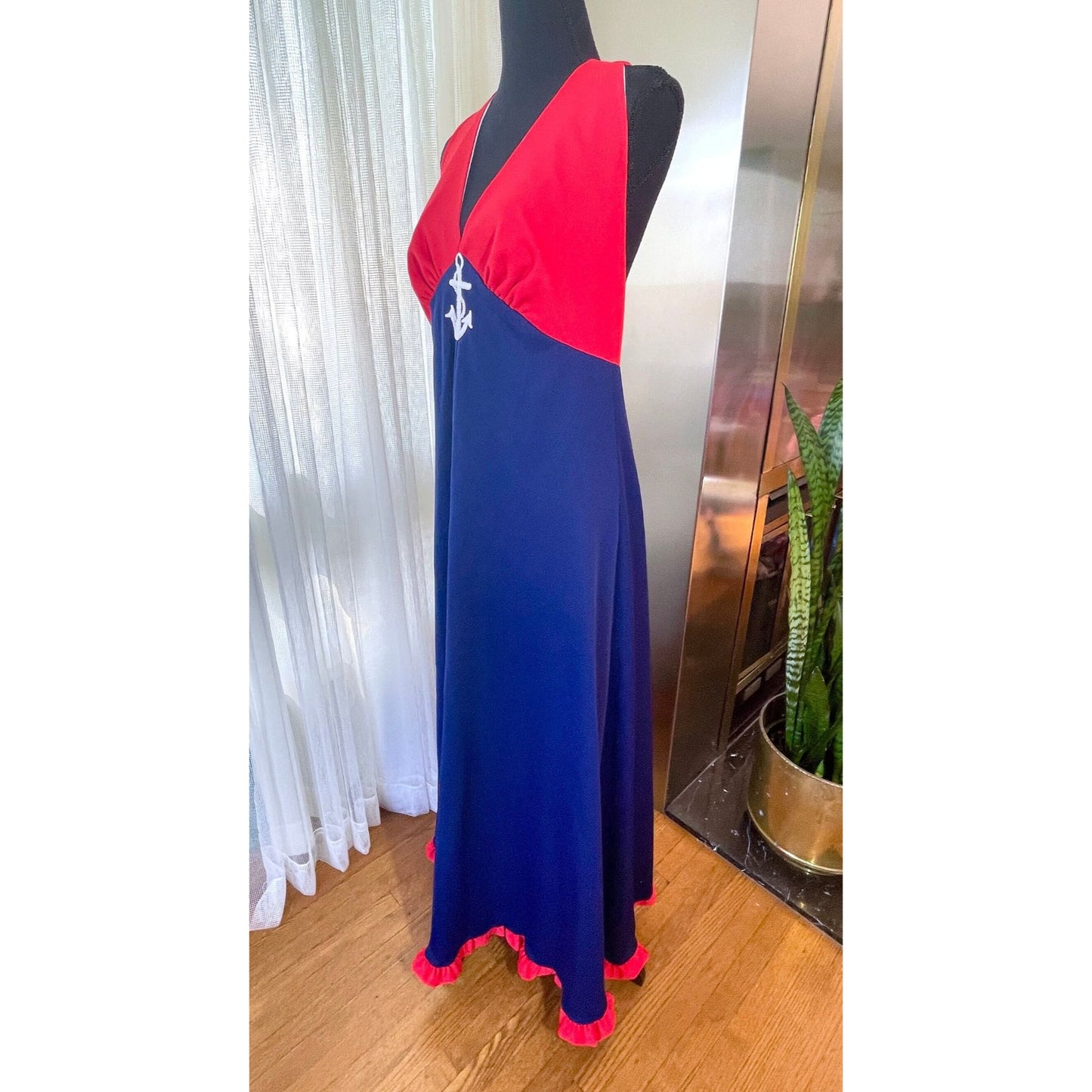 Vintage 70s halter dress, red and navy blue