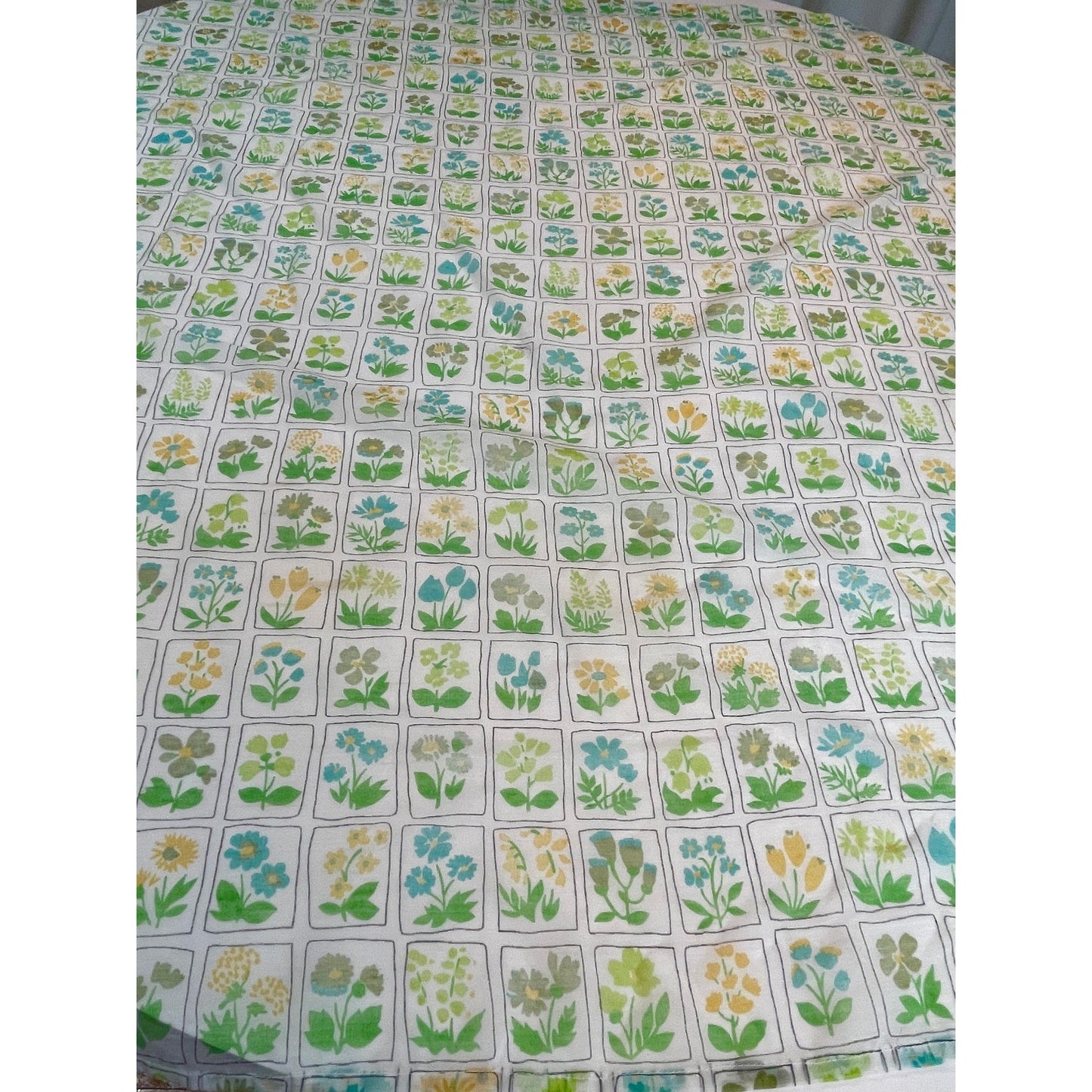 Vintage 80s curtains, sheer green yellow floral, pair with tiebacks