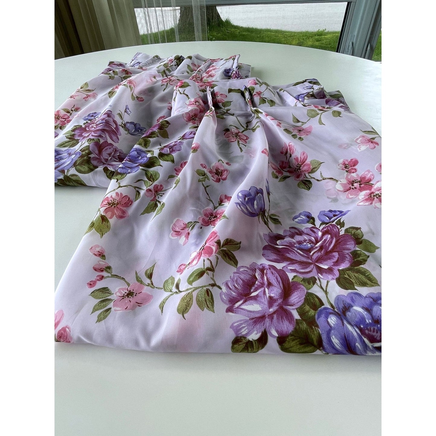 Vintage 60s pleated curtains, purple floral