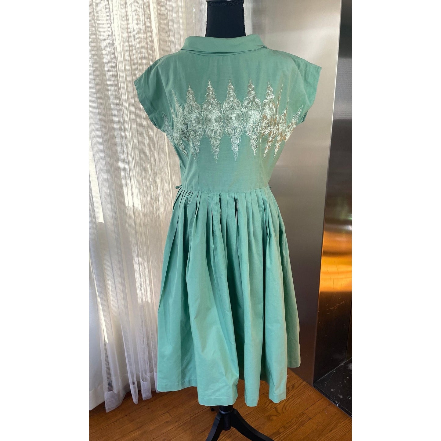 Vintage 50s swing dress, mint green, boat collar, detailed embroidery