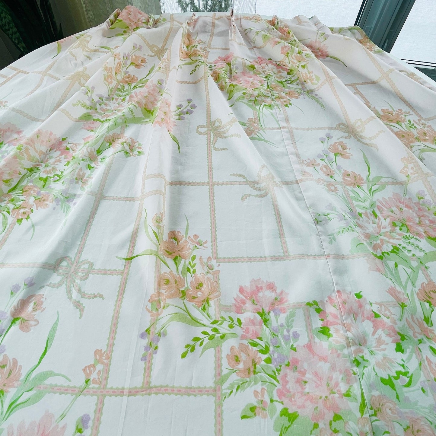 Vintage 80s pleated curtain, pink floral sheer panel