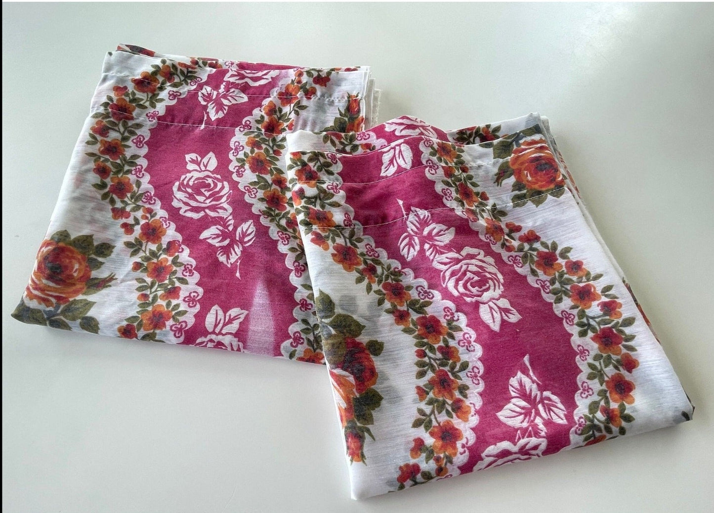 Vintage 70s curtains, pink floral sheer pair of panels