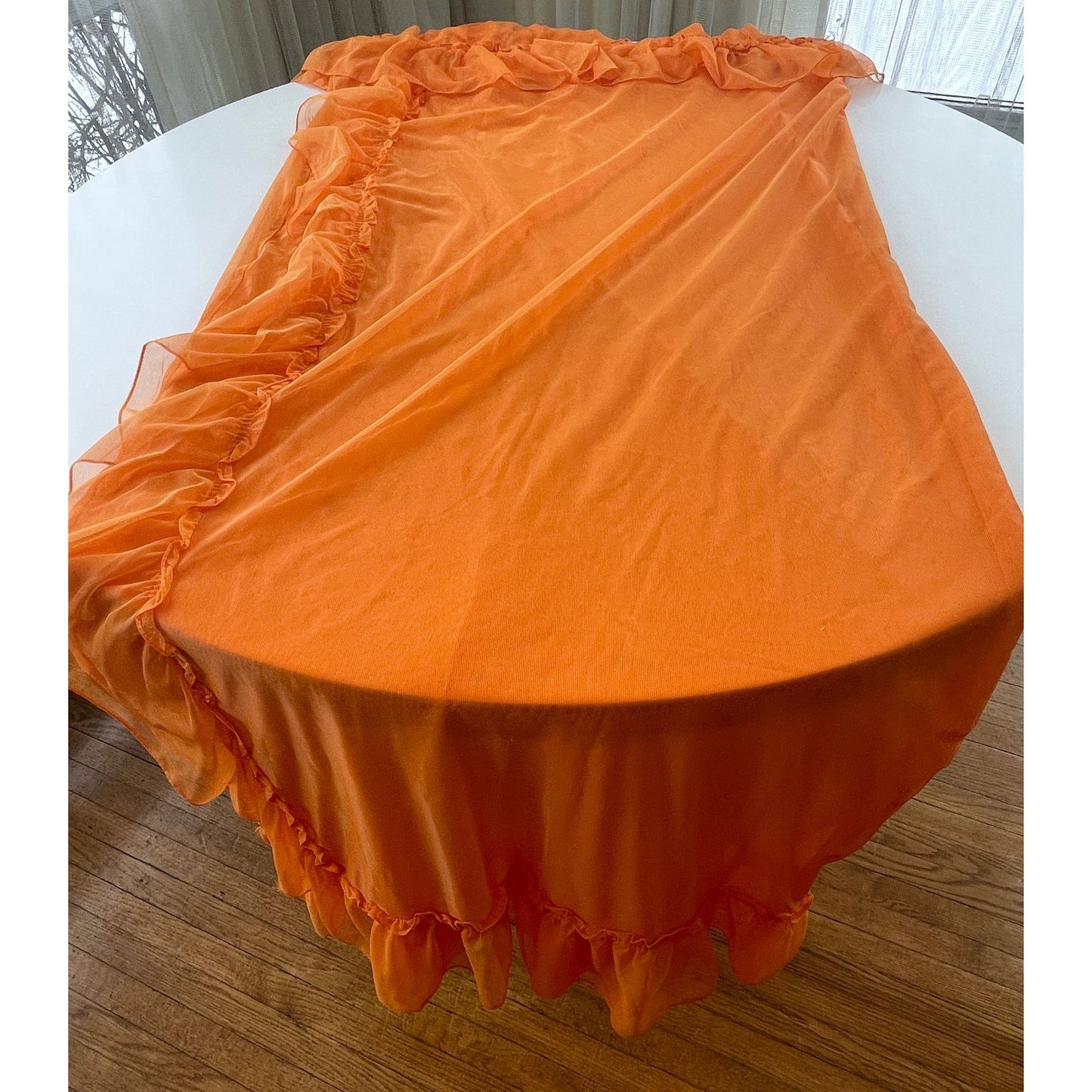 Vintage 70s curtains, orange sheer ruffled panels