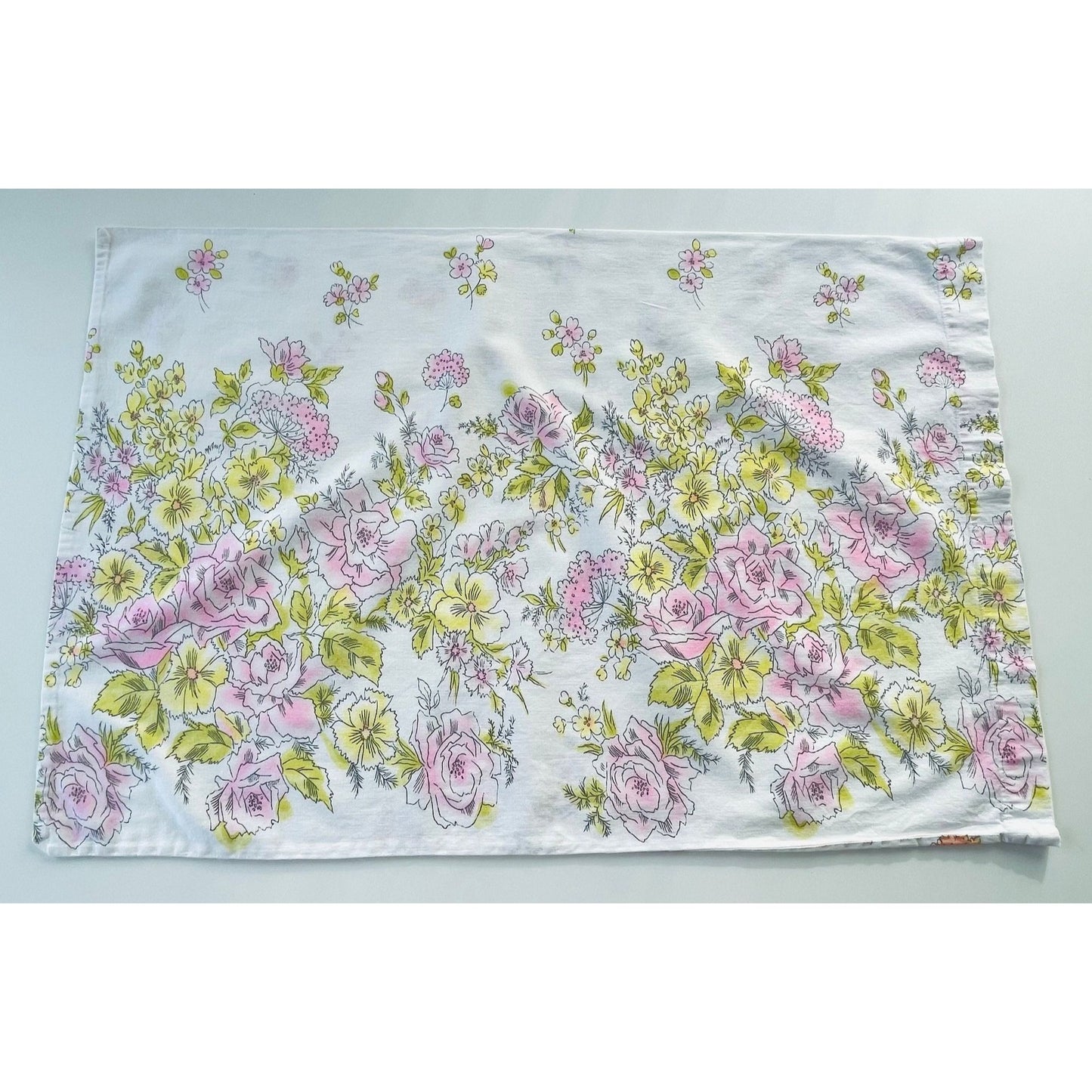 Vintage 70s pillowcase, pink and yellow flowers