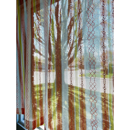 Vintage 70s curtain, orange yellow geometric pattern, mesh panel