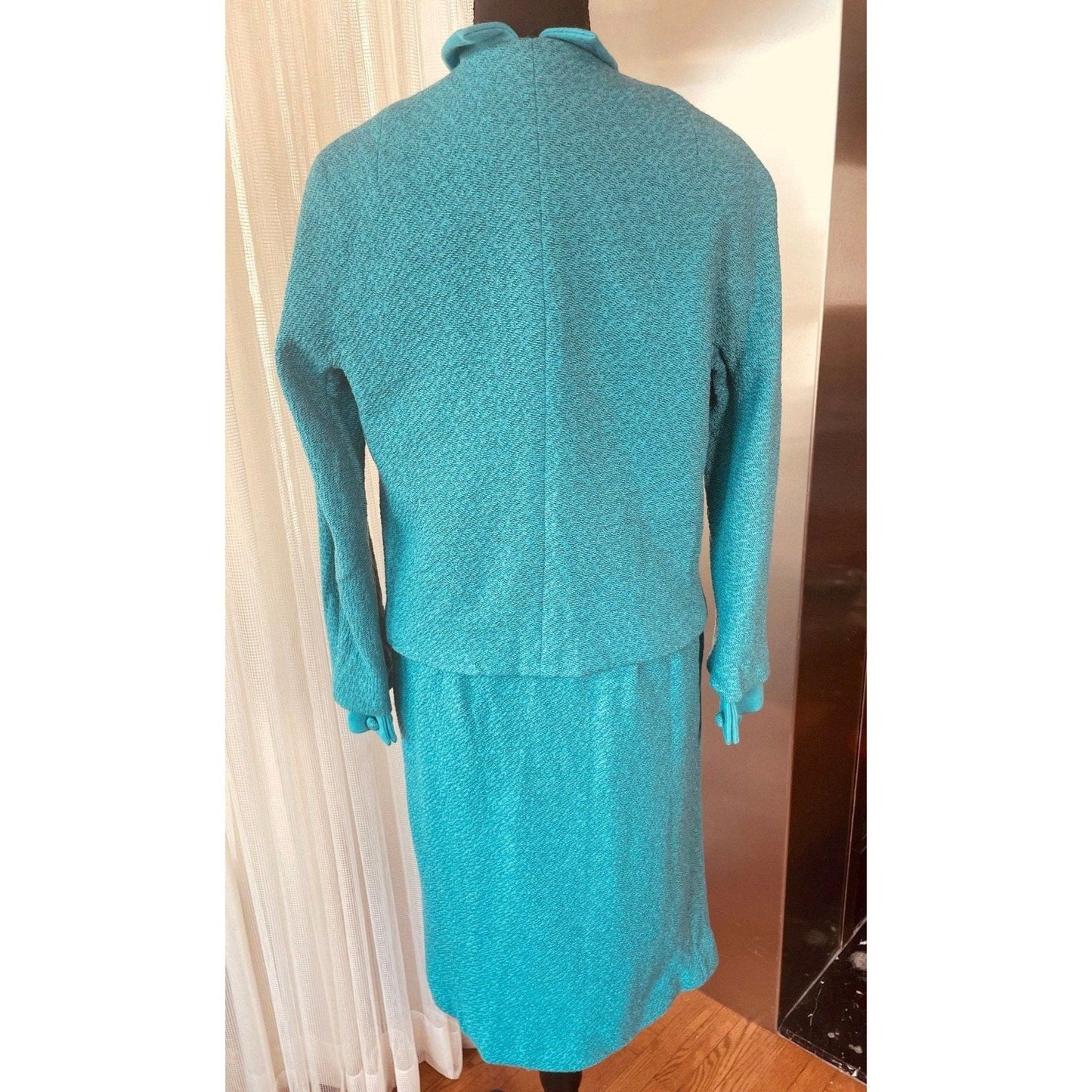 Vintage 1960s 3 pieces suit, 100% wool, teal jacket, top and straight skirt, AlJean