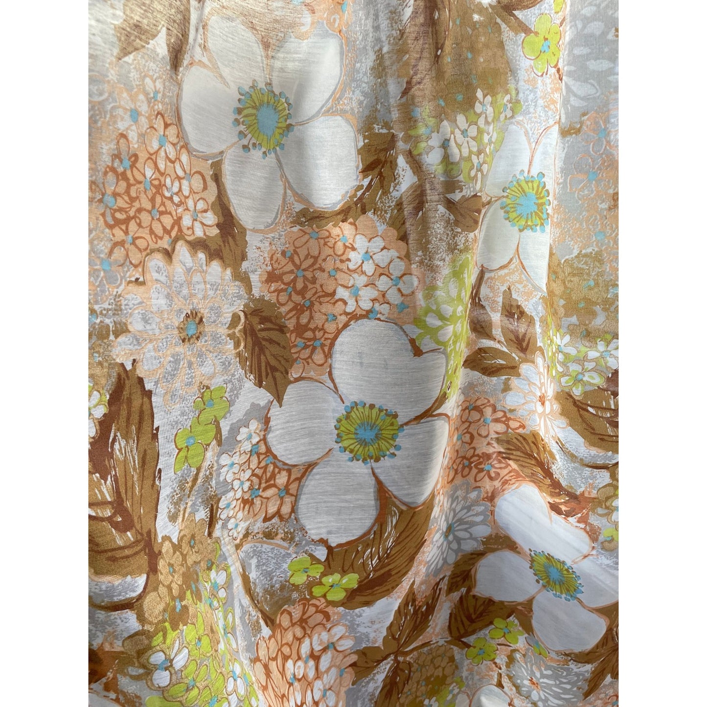 Vintage 70s pleated curtain, orange flowers, sheer panel