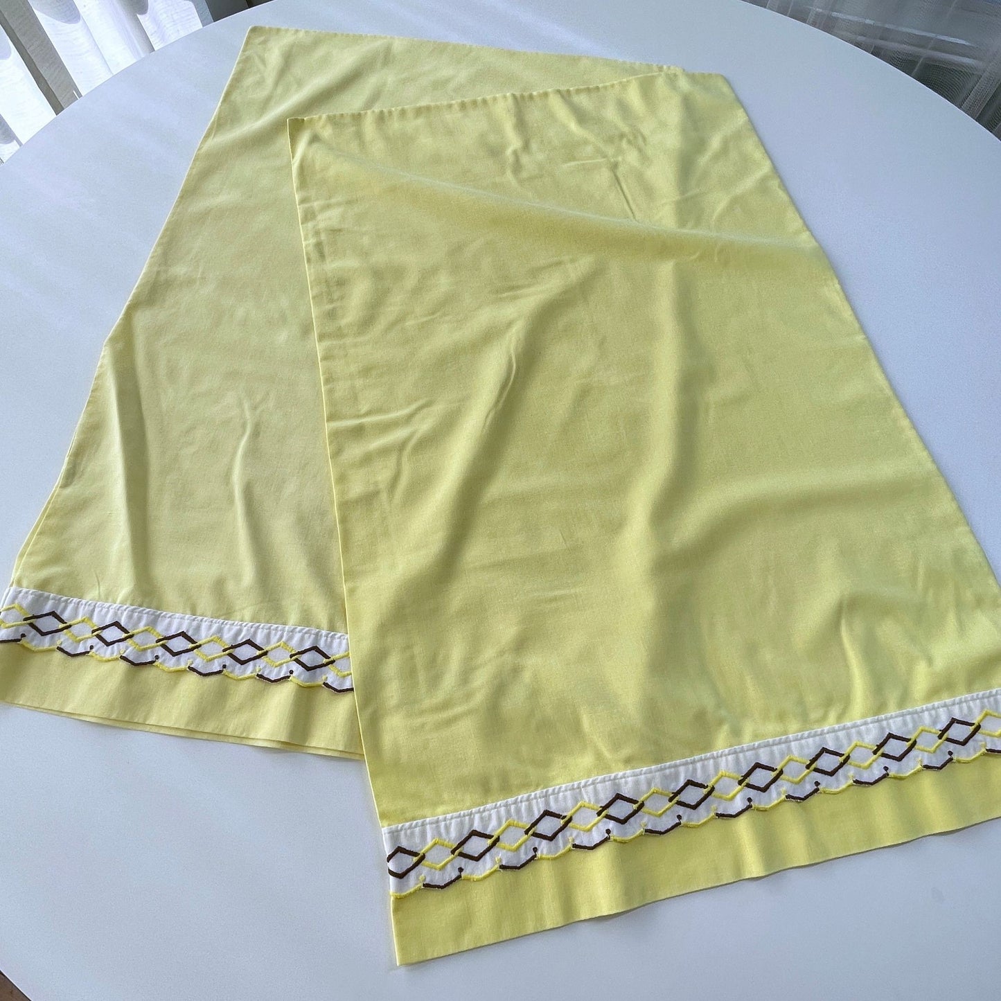 Vintage 70s pillowcases set, solid yellow with embroidered trim, TruPrest