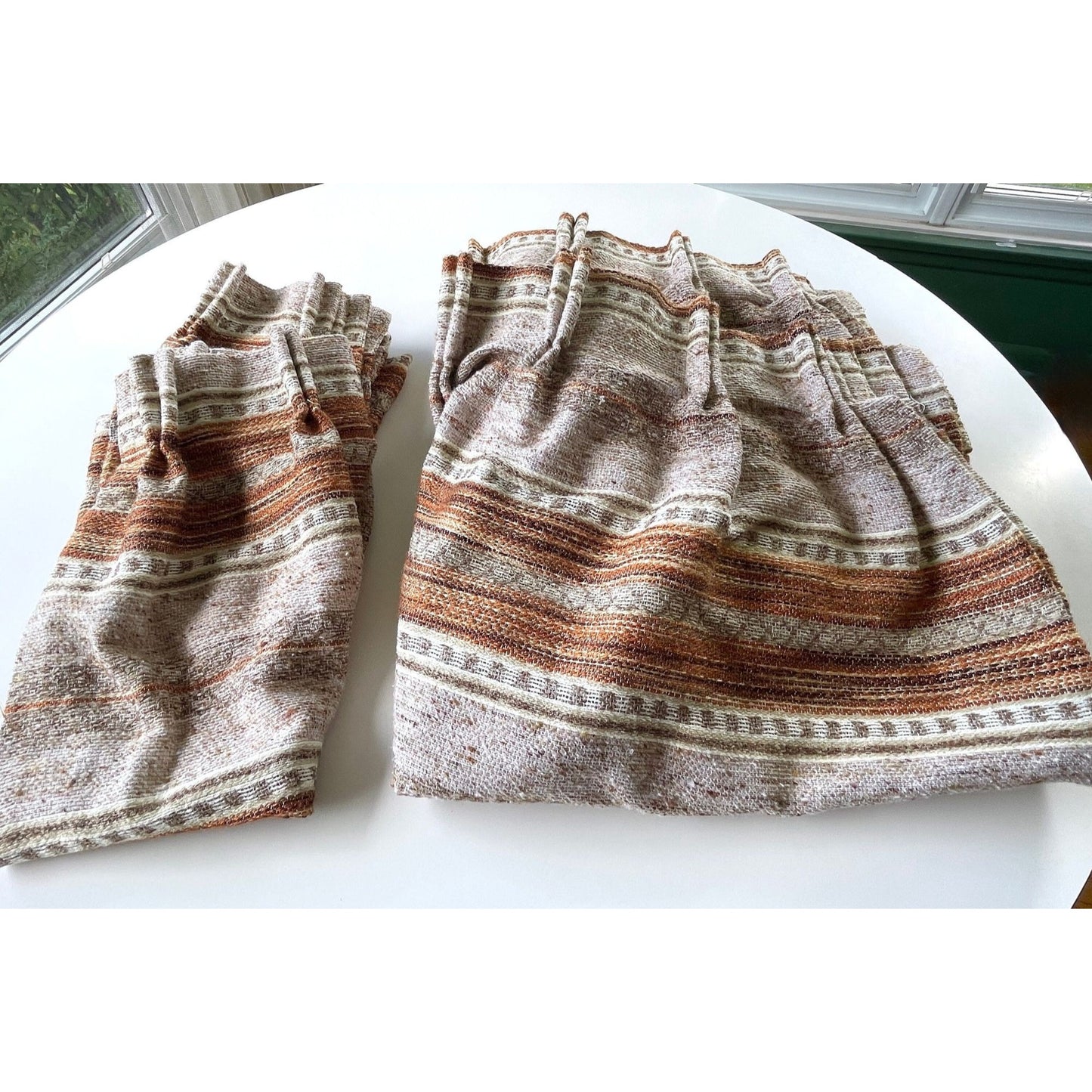 Vintage 70s pleated curtains, brown stripes