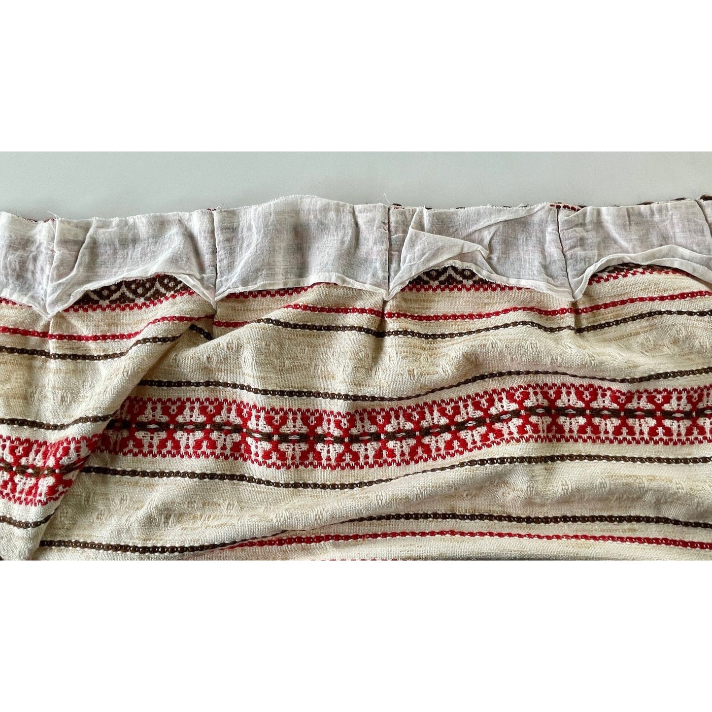 Vintage 70s pleated curtain panel, single panel, red brown stripes
