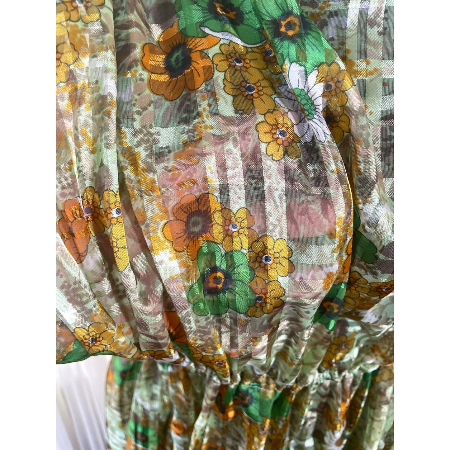 Vintage 80s dress, sheer green orange brown