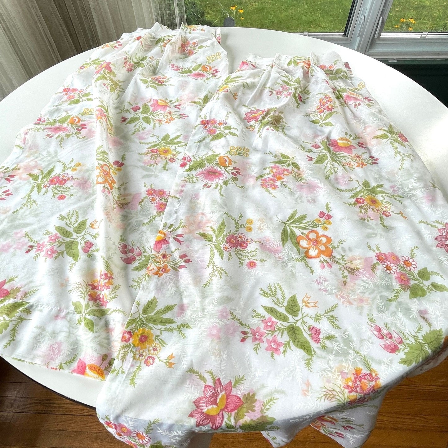 Vintage 70s pleated curtains, orange pink yellow flowers