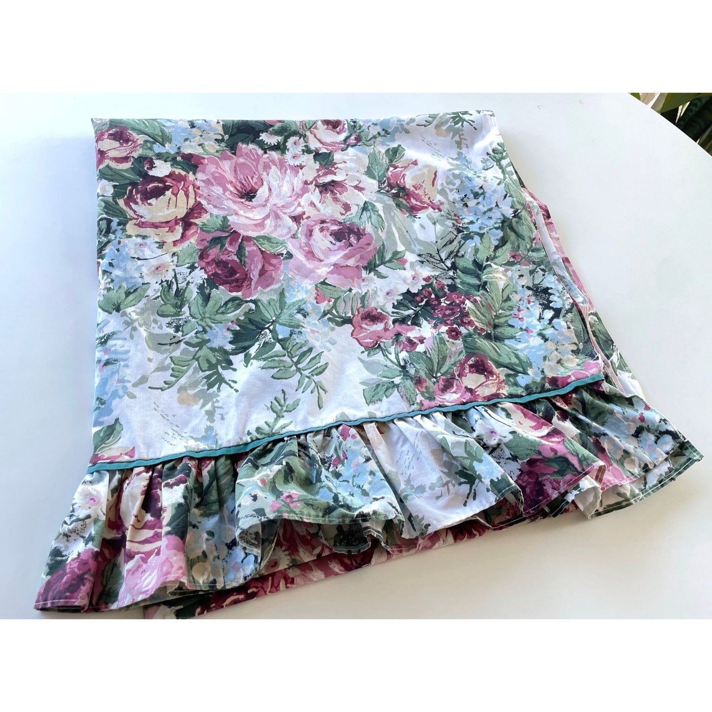 Vintage 80s curtain, green pink floral, ruffled bottom panel