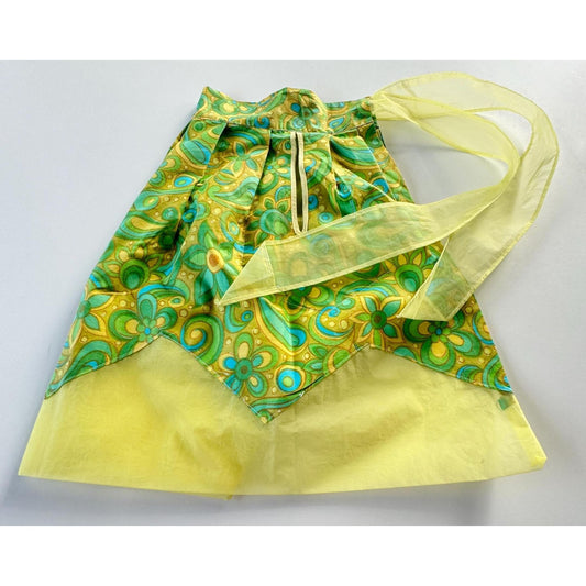 Vintage 60s half apron, reversible organza & cotton, yellow, lime green, teal paisley, with pockets