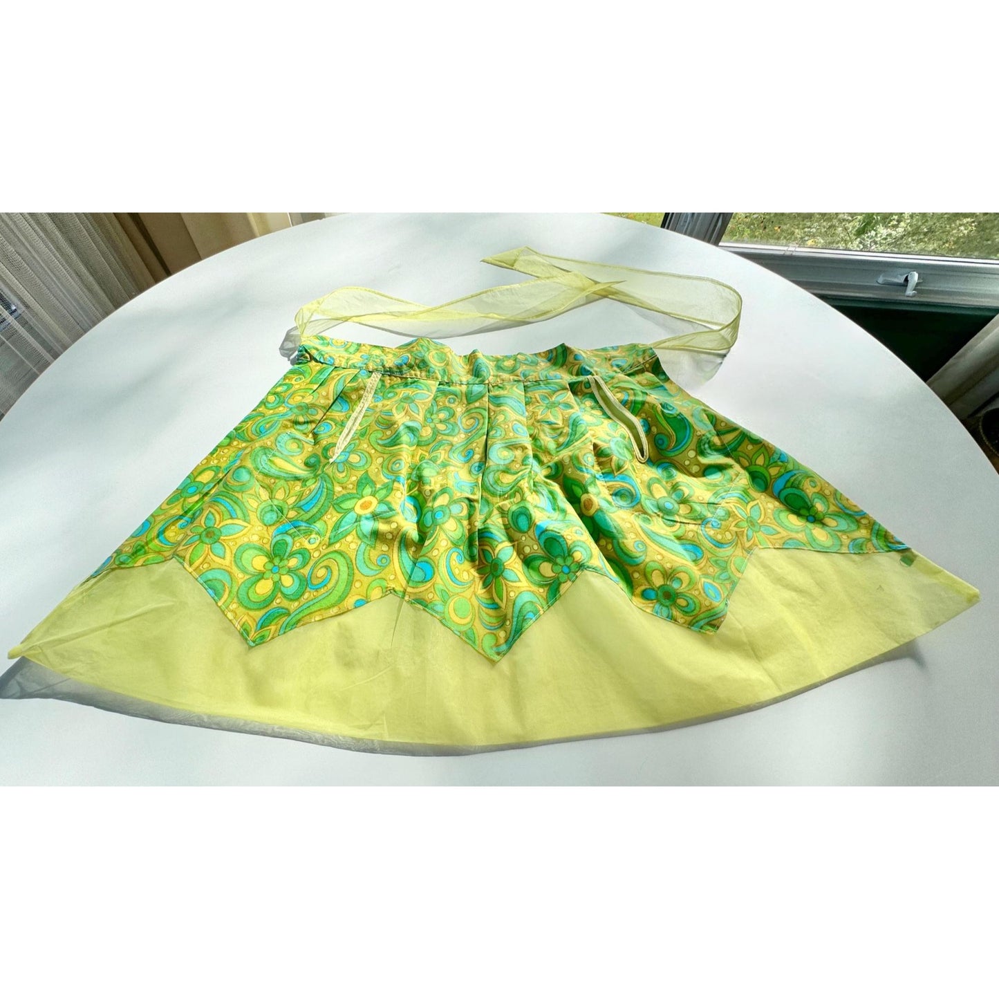 Vintage 60s half apron, reversible organza & cotton, yellow, lime green, teal paisley, with pockets